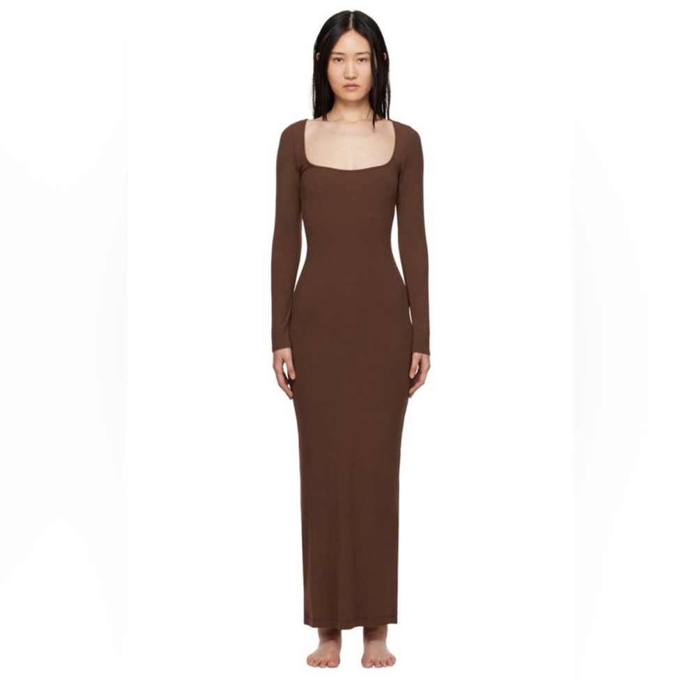 Skims Soft Lounge Long Sleeve Maxi- Size Large Chocolate Brown
